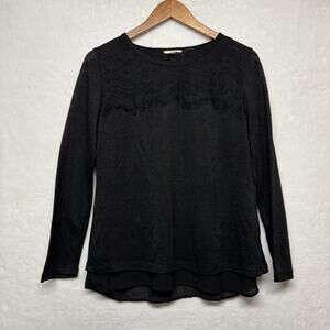 Anthropologie ADIVA Black Lace Detail Split Back Hi Lo Long Sleeve Blouse  M